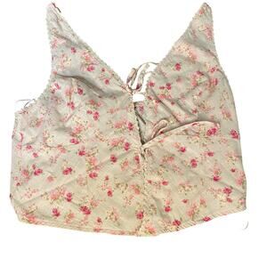 Pink Rose pink red floral rose cottage plunge neckline cropped‎ tank SIZE XL